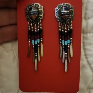 Sterling Silver Inlay and Beaded Dangle Earrings